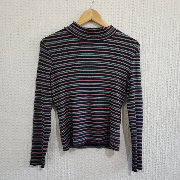 Vintage Ann Taylor Striped Mock Neck Long Sleeve Top 90s Minimalist Y2K X-Small - Picture 3 of 11